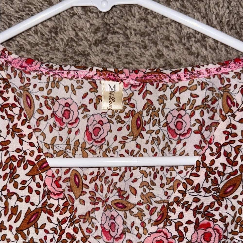 Shi Long Floral Blouse with Pink and Brown Accents